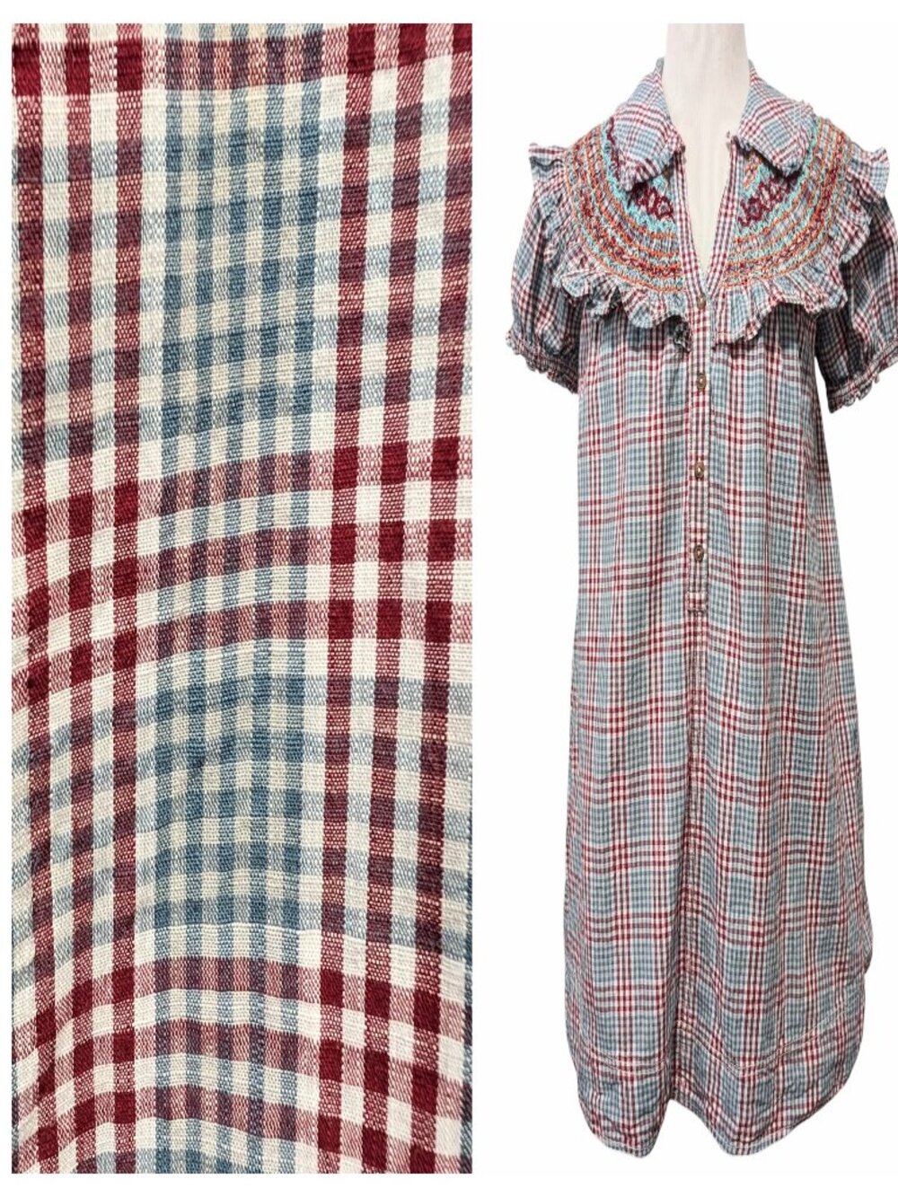 Pilcro Womens Size XS Red Blue Plaid Smocked Embroidered Short Babydoll Dress